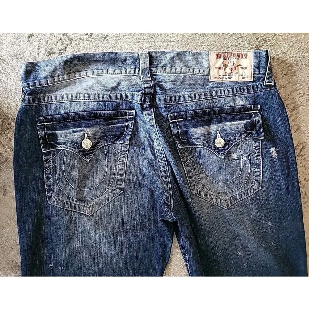 True Religion Jeans Men Size 40 Blue Distress Thick Stitch Flap Back Pockets